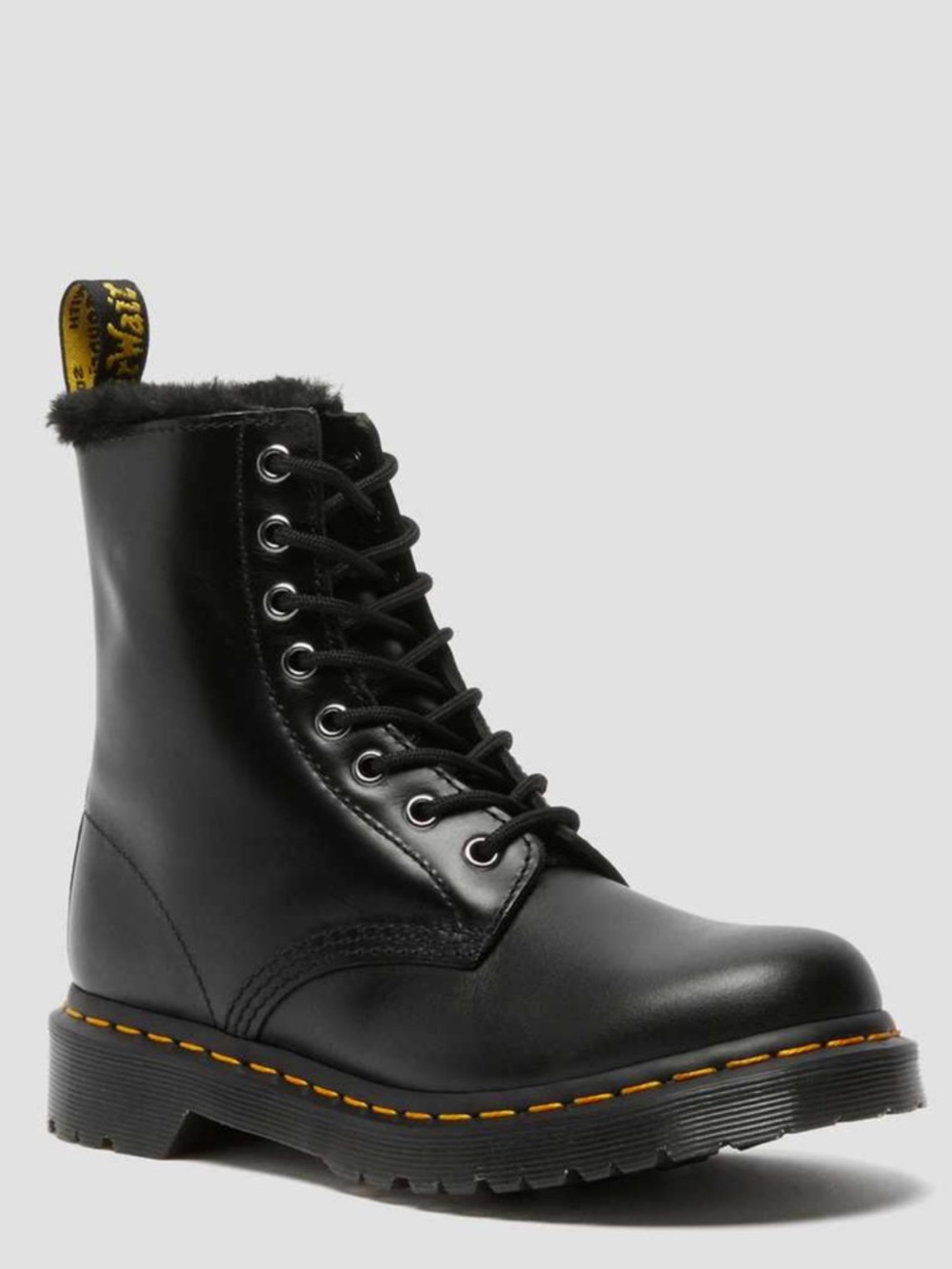 DR MARTENS 1460 WOMENS FAUX FUR LINED LACE UP SERENA BOOTS BLACK BLOCK HEEL SZ 8